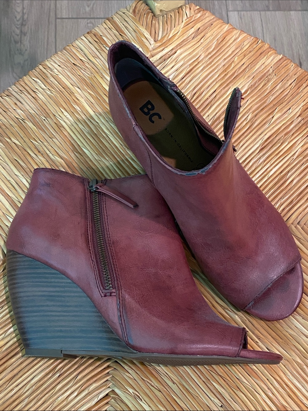 BC Born in California Burgundy Peep-Toe Wedge Booties 8.5